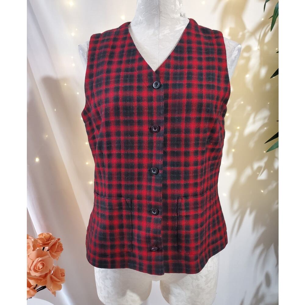 Eddie Bauer Vtg Wool Plaid Button Waistcoat Vest Womens Size S Cabin Made in USA